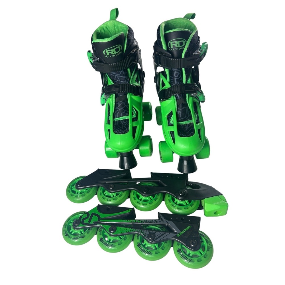 Roller Derby 2-in-1 Combo Skates Neon Green Black Adjustable Sz 3-6 Quad Inline
